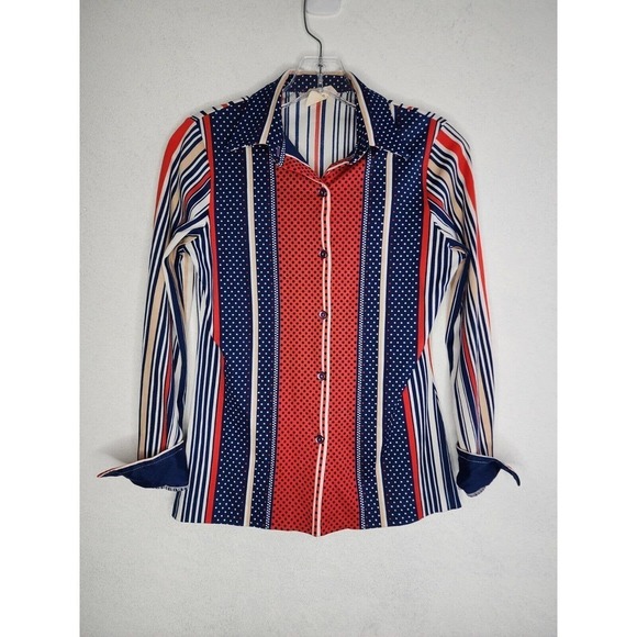 Vintage 70s Alco Button Up Long Sleeve Top Polka Dot Shirt Size 12 - Picture 1 of 10